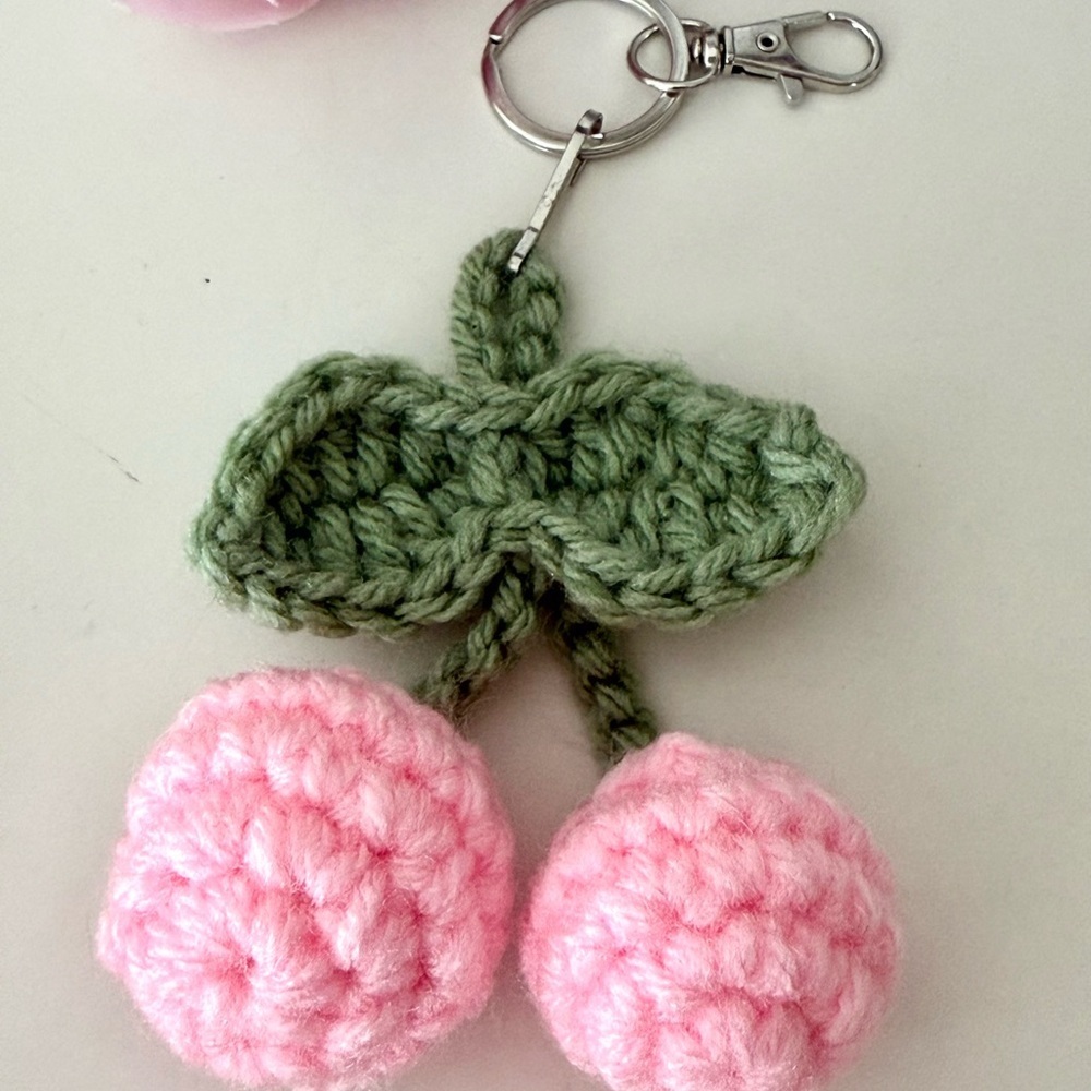 Handmade Crochet Cherry Keychain – Cute Pink Amigurumi Bag Charm - Picture 4 of 7